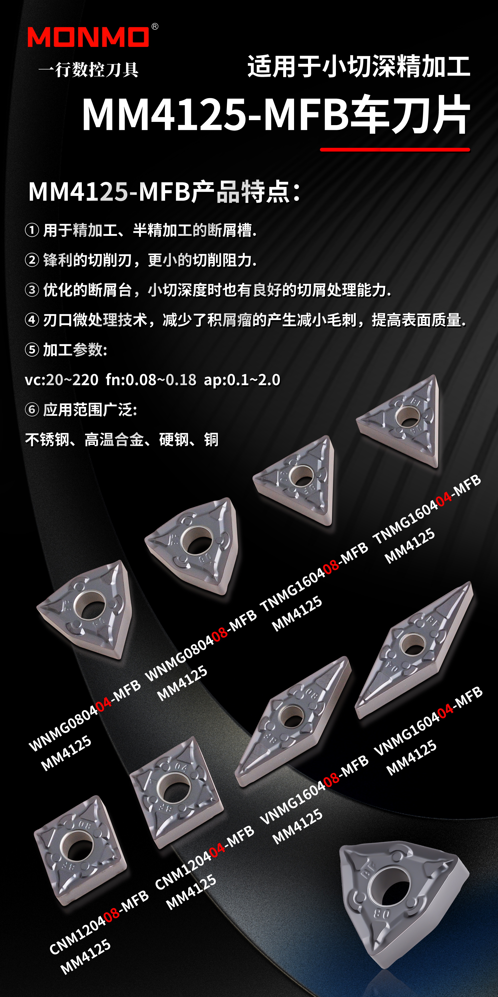 MM4125不銹鋼鎳基合金專用車削材質(zhì)刀片
